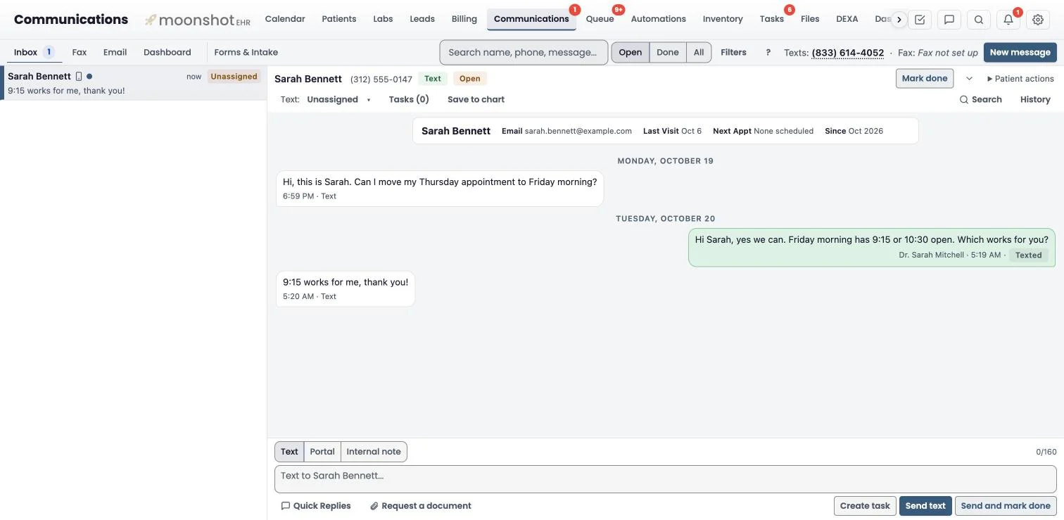 Moonshot EHR Communications inbox with a two-way text thread open: the patient asks to move an appointment, the clinic replies from the inbox with a Texted receipt, the patient confirms, and the reply box switches between Text, Portal and Internal note