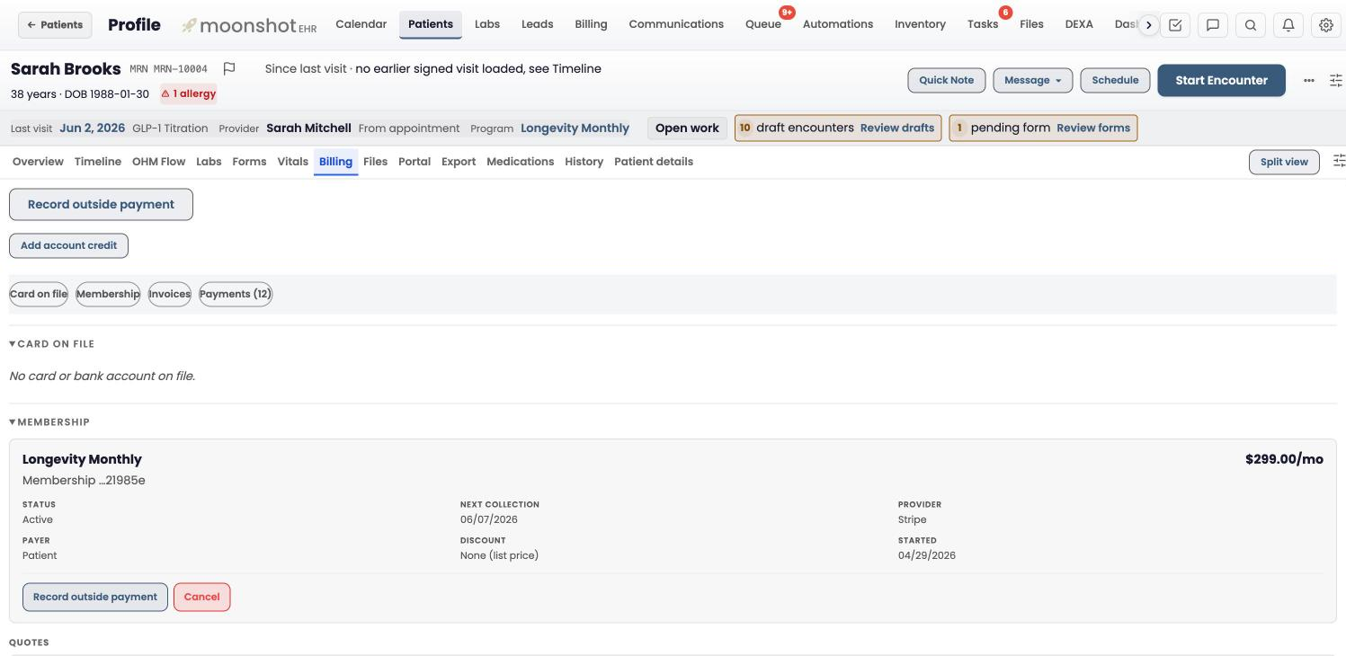 A patient Billing tab in Moonshot EHR showing an active Longevity Monthly membership with its price, status, payer, next collection date, start date and the Cancel control, next to card on file, invoices and payments.
