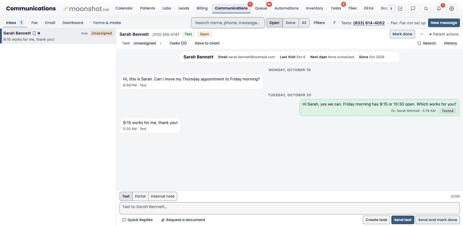 Moonshot EHR Communications inbox: a two-way text conversation with a patient open on the right, the conversation list on the left, the clinic reply marked Texted, and a reply box that switches between Text, Portal and Internal note. Fax and Email are tabs in the same screen.