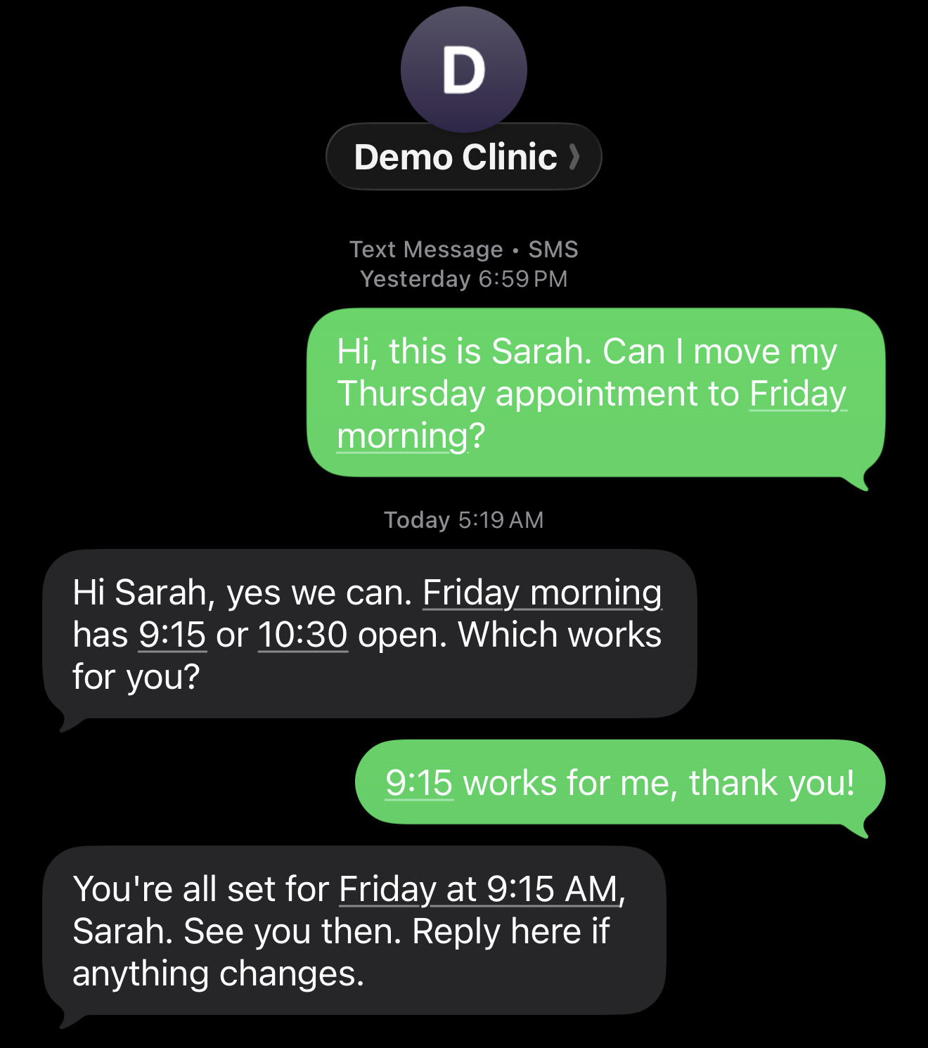 The same conversation on the patient's phone: the patient asks to move a Thursday appointment to Friday morning, the clinic offers 9:15 or 10:30, the patient picks 9:15, and the clinic confirms