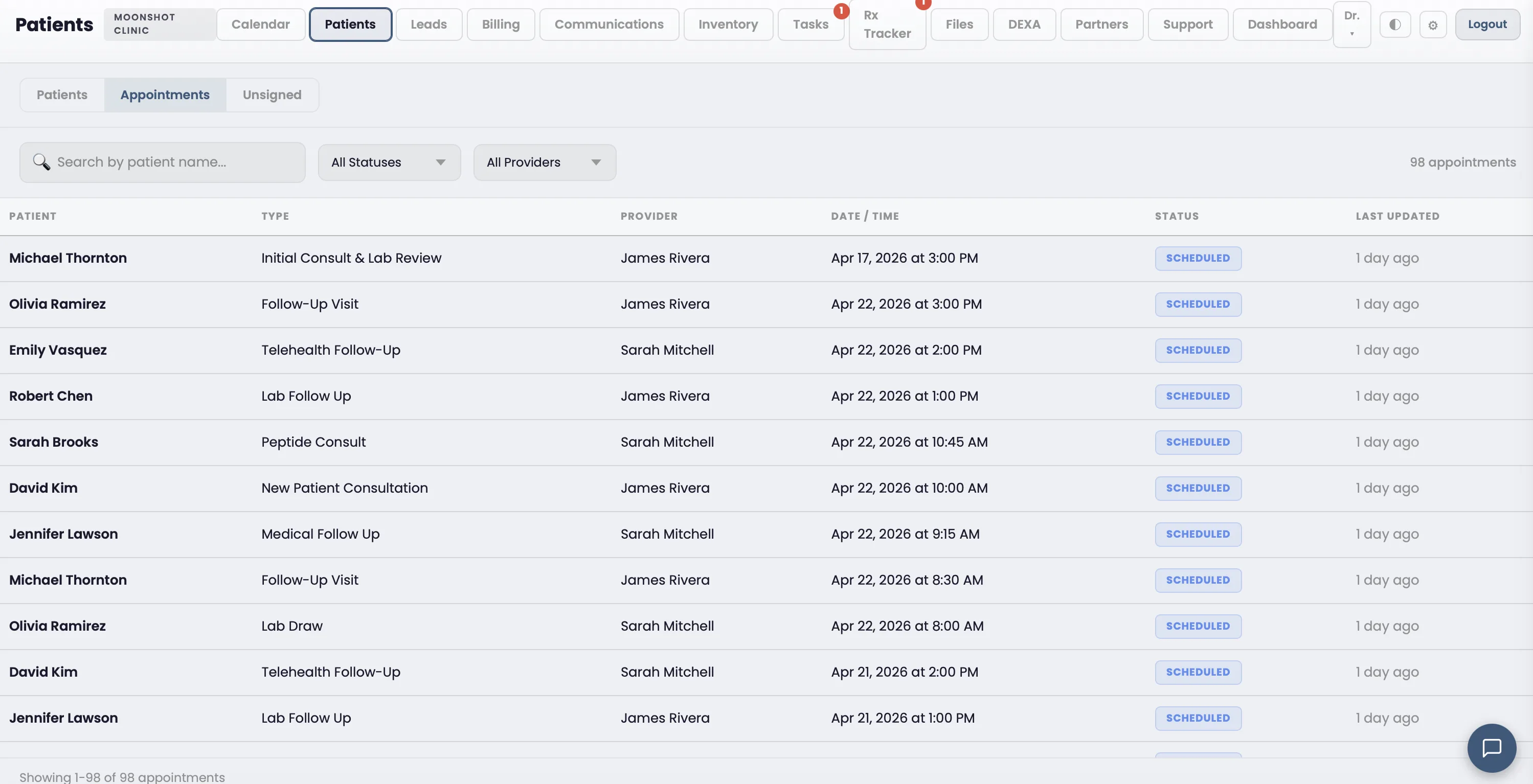 Staff appointment list with patient names, visit types, and statuses