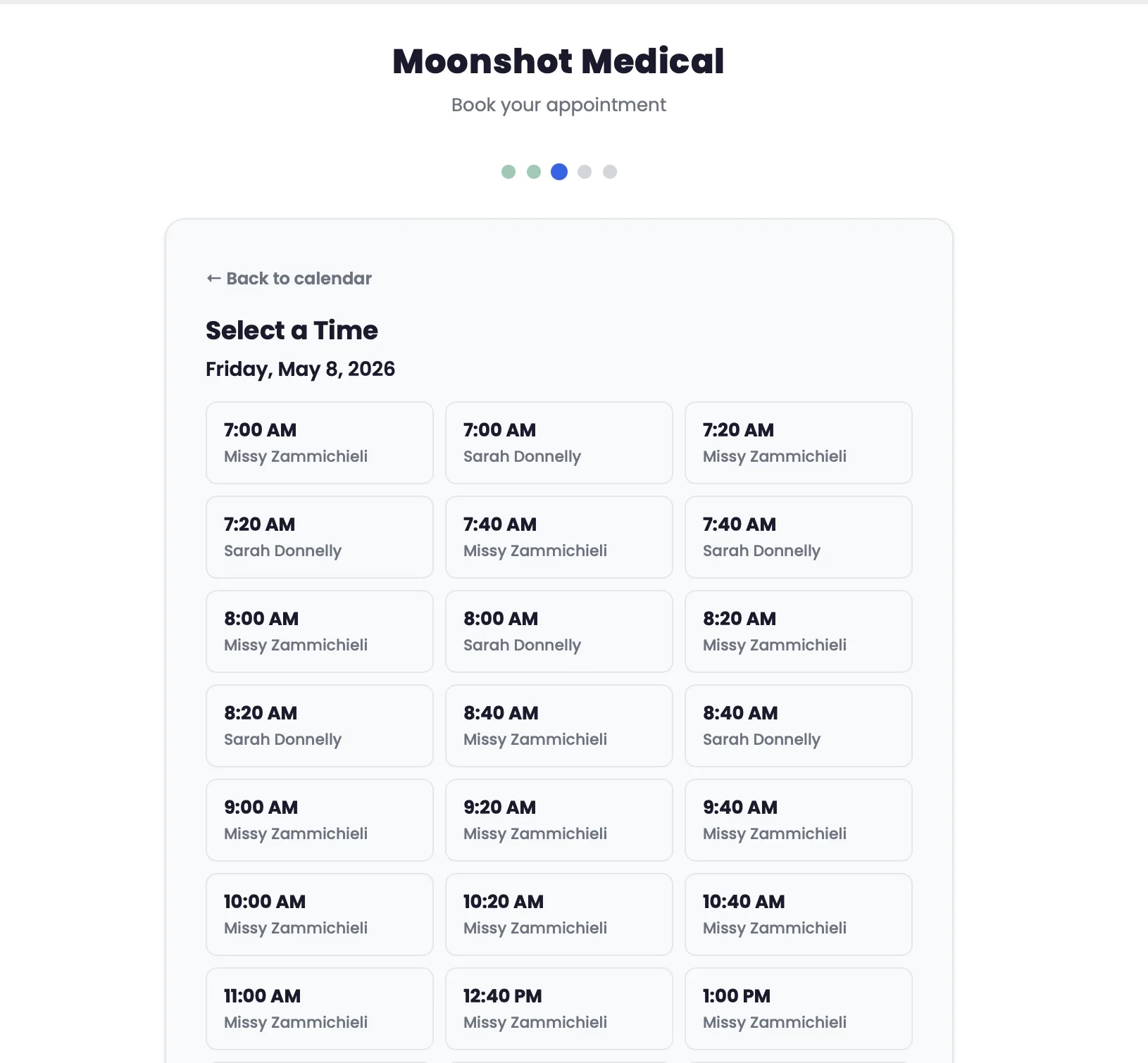 Patient booking screen with available appointment times