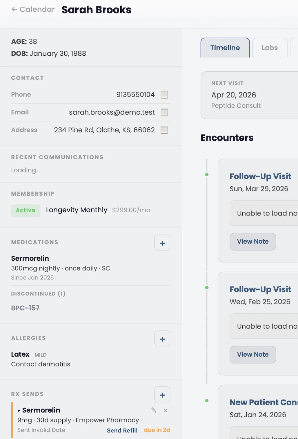 Patient chart sidebar showing demographics, membership status, active and discontinued medications, allergies, and RX send history alongside the encounter timeline