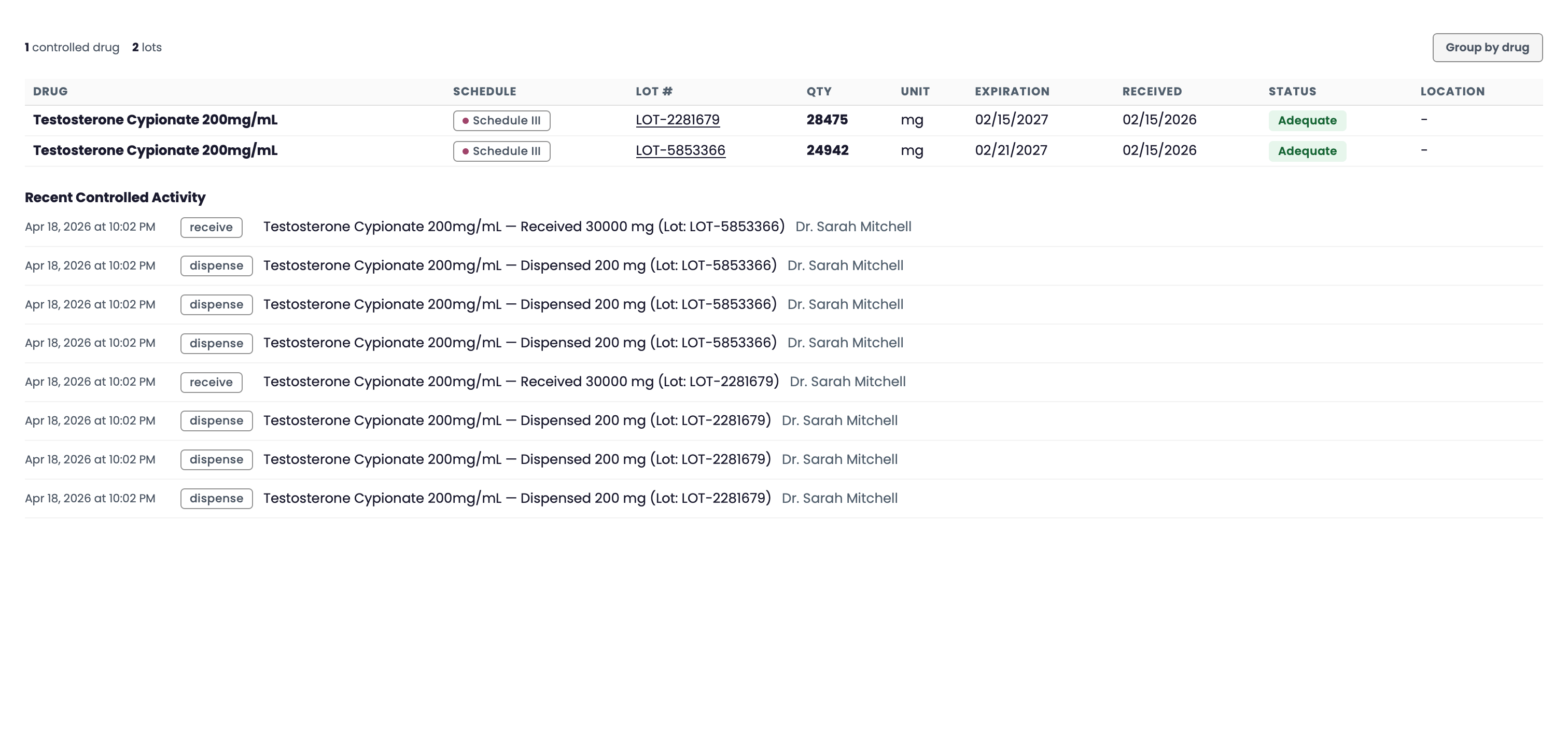 Moonshot medication inventory showing two testosterone lots with mg quantities, expiry dates, and receipt and dispense history