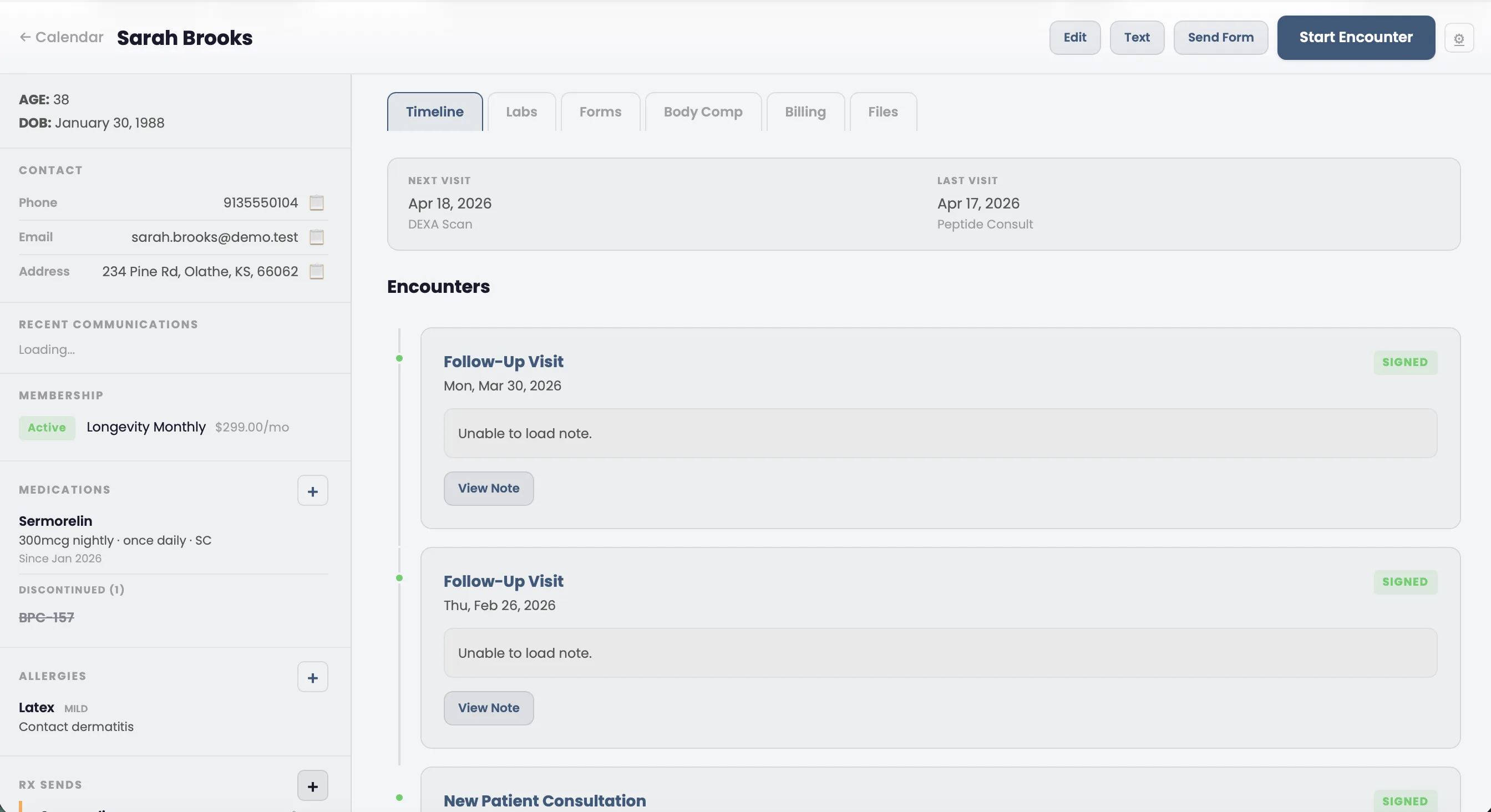 Patient chart timeline view showing encounter history, vitals, medications, and lab results