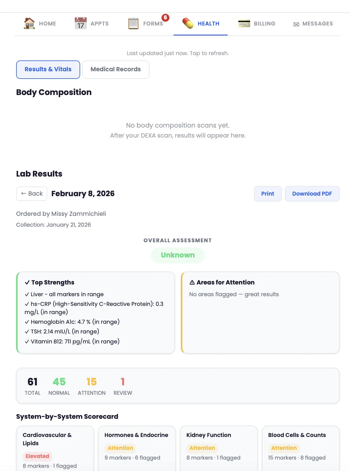 Patient portal health tab showing lab results, body composition, and biomarker scorecard